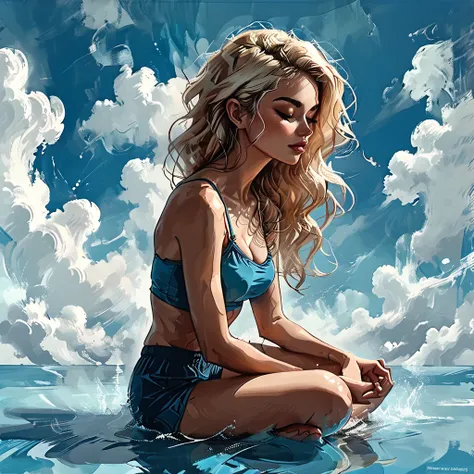 
((side view)), girl sitting on the surface of the water against on a simple blue background, 
 sitting on the water, side view girl sits in the lotus position, cloud, sea line, only water and clouds,
girl in blue Half top wrestler and blue Elastic shorts ...