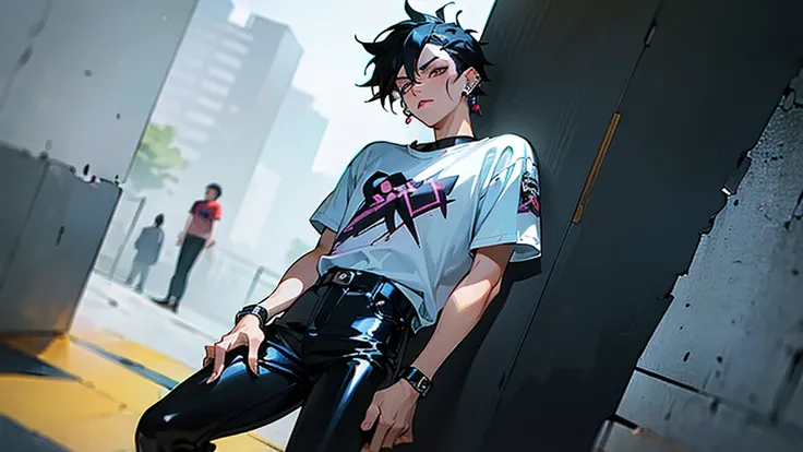 (((masterpiece,Highest quality))),((Black-haired anime boy wearing punk rock t-shirt and patent leather pants)),((Has multiple ear piercings)),((Has two lip piercings)),(Glaring),Standing alone in the middle of the concrete jungle,Focus on people,anime,