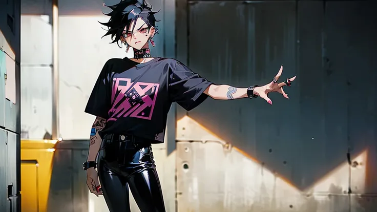 (((masterpiece,Highest quality))),((Black-haired anime boy wearing punk rock t-shirt and patent leather pants)),((Has multiple ear piercings)),((Has two lip piercings)),(Glaring),Standing alone in the middle of the concrete jungle,Focus on people,anime,