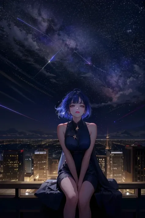 1girl,solo,cool,brilliant eye,outdoor,building,rooftop,sitting, look up at the sky,faw away,at night,octans,starry sky,milky way...