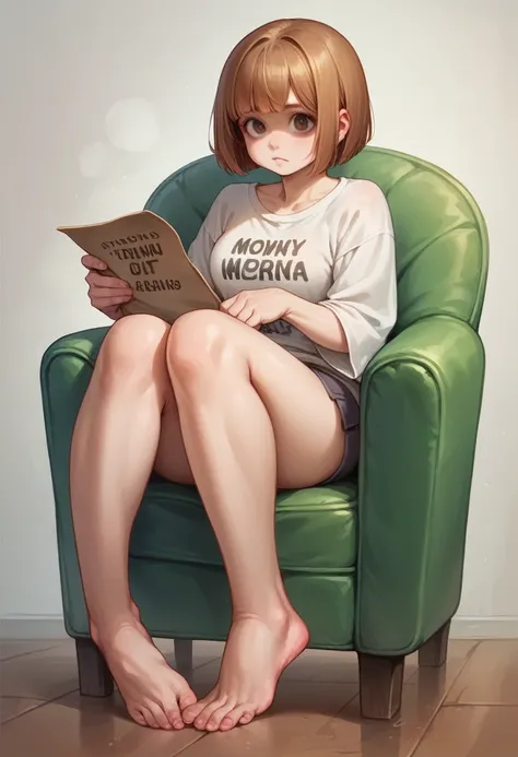 girl sitting bossy in a chair, with a big "minji" sign written in english, golden brown hair, bob cut with a cute bangs, medium chest, hyper realistic super realistic, teen girl, hyper realistic face 