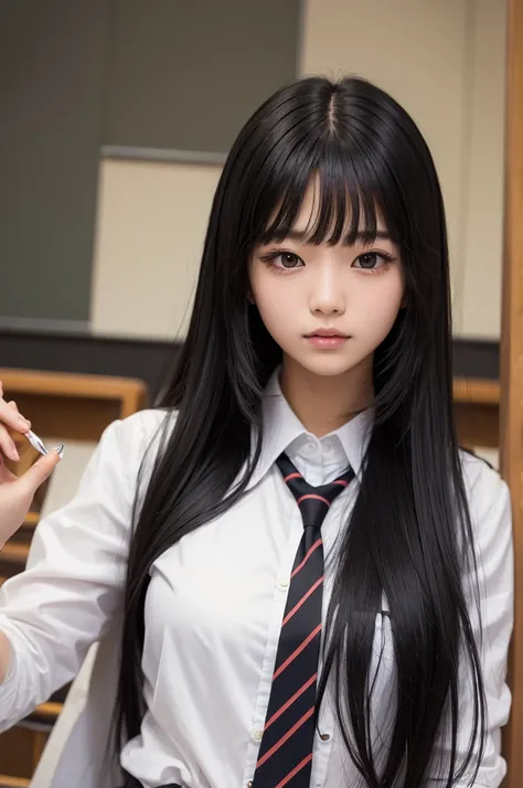 ((school)), ((masterpiece)), (detailed), long bangs black hair