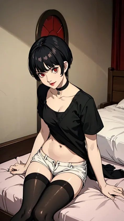 1 girl, red eyes, very Short hair, black choker, lipstick , smile, black hair, tomboy Pixie haircut, shorts, long socks, white bandeau, belly, medium breast, extreme micro shorts, stockings, cowboy shot, sit, bedroom