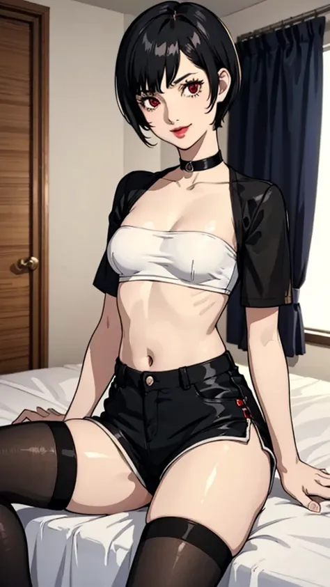 1 girl, red eyes, very Short hair, black choker, lipstick , smile, black hair, tomboy Pixie haircut, shorts, long socks, white bandeau, belly, medium breast, extreme micro shorts, stockings, cowboy shot, sit, bedroom