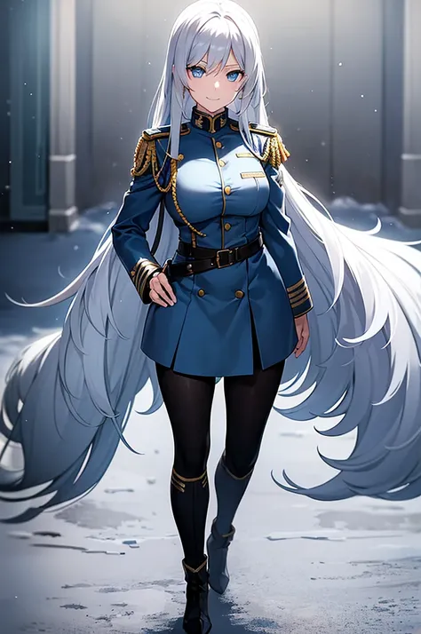 Content:
An anime woman in a military uniform. She has light blue eyes, white hair that ends halfway down her back, and knee-high military boots. She wears a confident smile, looking very mature, with her hands on her hips.

Medium:
Digital art, anime illu...