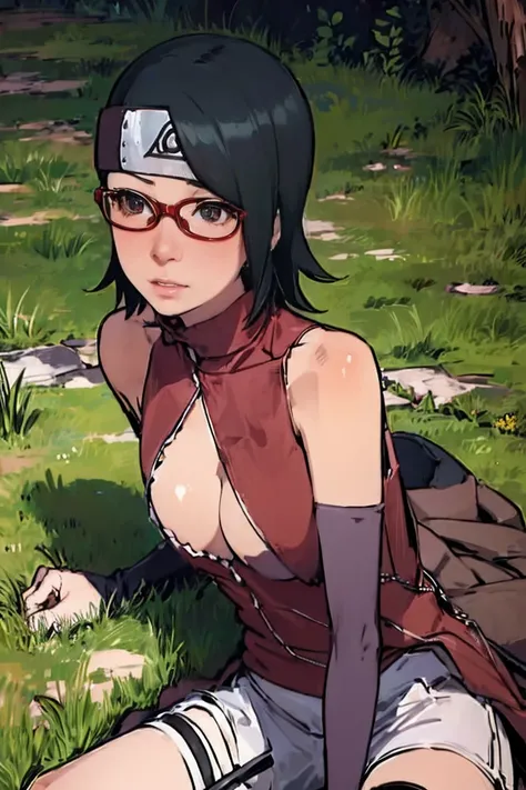 (Sarada Uchiha,short hair,black hair,glasses),full body picture Unreal Engine 5 8K UHD of beautiful girl, green Japanese style long hair, wearing futuristic black tight battle suit, half face mask, futuristic neck collar, grass green light details, best qu...