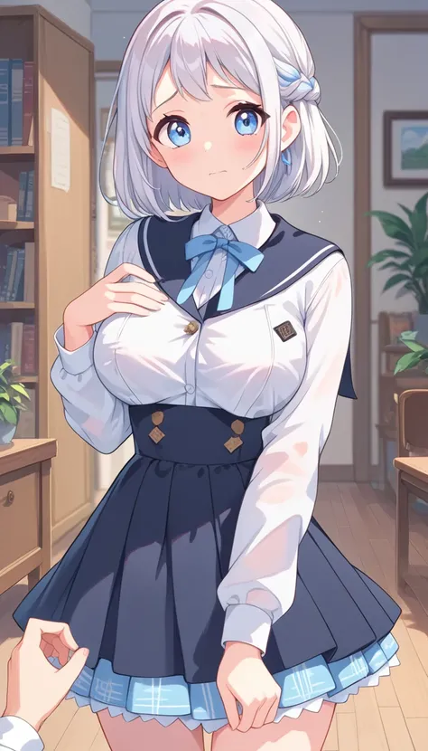 16k,1girl, katsuragi lilja,blue eyes,white hair,short hair,braid,,sailor collar,neck ribbon, white shirt,layered skirt,high-waist skirt,pov,looking view,blush,embarrassed,big breast,breast focus,NSFW