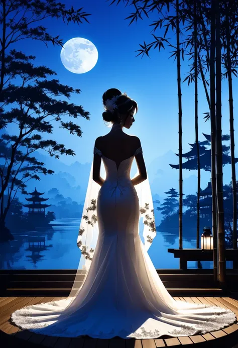 (((Silhouette Art:1.4))), 1Bridal Clothing, (double light:1.3), A bride in a wedding dress stands alone at a restaurant wedding，Overlooking the Japanese garden surrounded by bamboo forest, Blue Moon, (close up), promote, complicated, (best quality, masterp...