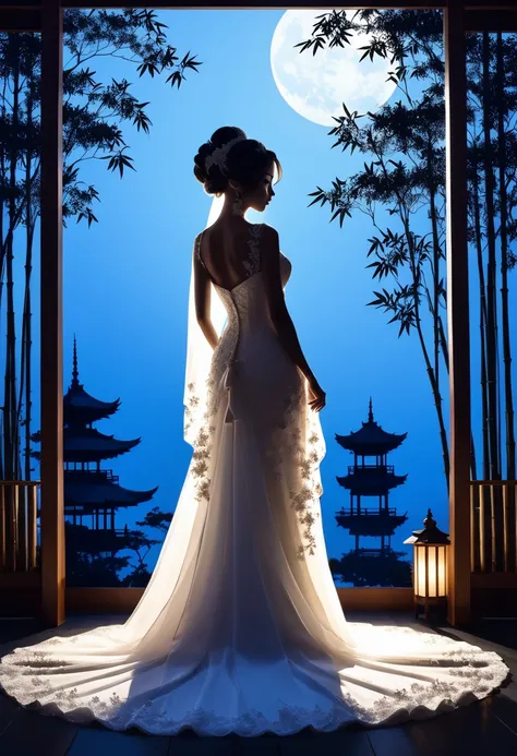 (((Silhouette Art:1.4))), 1Bridal Clothing, (double light:1.3), A bride in a wedding dress stands alone at a restaurant wedding，Overlooking the Japanese garden surrounded by bamboo forest, Blue Moon, (close up), promote, complicated, (best quality, masterp...