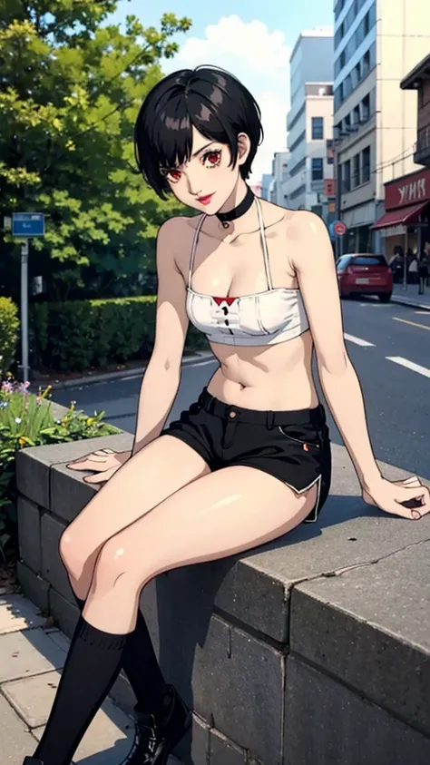 1 girl, red eyes, very Short hair, black choker, lipstick , smile, black hair, tomboy Pixie haircut, shorts, long socks, white bandeau, belly, medium breast, extreme micro shorts, stockings, cowboy shot, sit, street