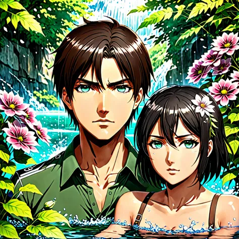 Ultra detailed, highres, absurdres, HDR, Eren Jeager, turquoise eyes, brown hair, Mikasa Ackerman, black hair, grey eyes, Shingeki No Kyojin, flowers, petals, green leaves, water, 1 man together with 1 woman as a couple, handsome, very detailed face and ey...