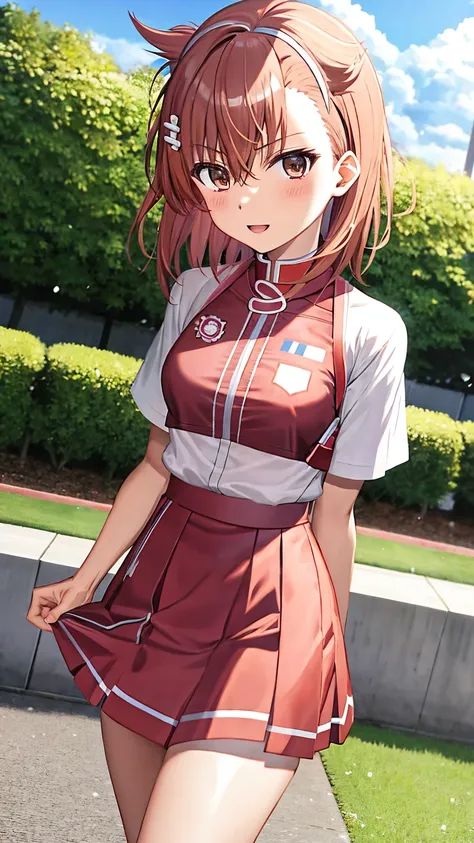 Misaka Mikoto&#39;s Anime View, One girl, Teenage Girl, cute, alone, Chestnut Hair, hairpin,Brown eyes, Are standing, View your viewers,smile,,Anime Style, Student uniform＋＋　　mini skirt