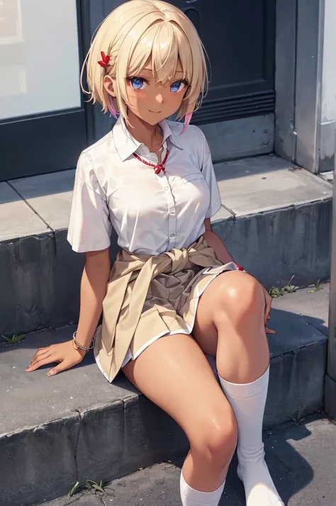 Character Focus、From above(school uniform:1.3), (Plain beige clothing around the waist:1.5), (West knot:1.3), (white collared-shirt:1.4), ((white collar, Unbutton, Short sleeve):1.2), (Red checkered pleated skirt:1.3), ((necklace, Colorful Bracelets, ×Hair...