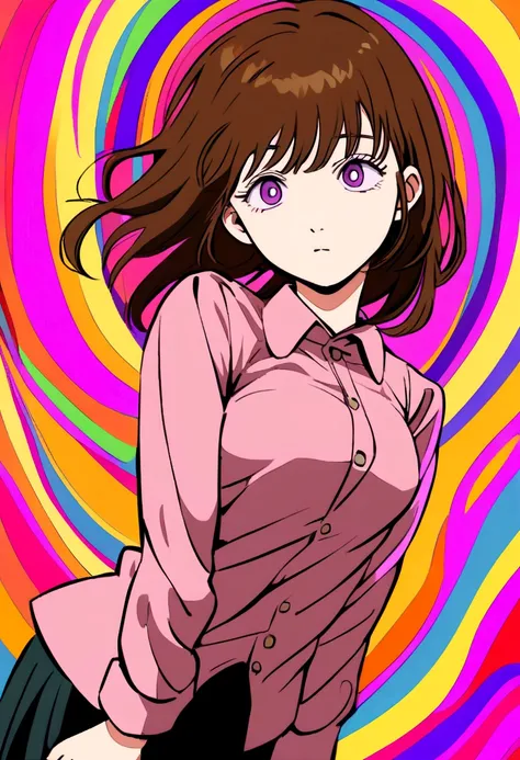 Anime girl with long  brown pig taild hair and purple eyes drawn in the art style of the chainsaw man anime