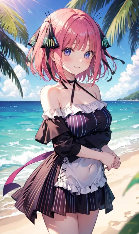 Nino Nakano is a character that appears in the anime "The Quintessential Quintuplets" 「The background is a sunny day at the sandy beach...」The eyes of this character are blue. My hairstyle is a bob cut with shockingpink color. This character is wearing a b...