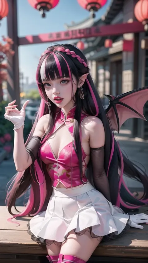 ((high quality)), ((Work of art)), (more detail), 1girl, succubus, centered, a girl with a bat wings, chinese dress, award winning upper body portrait, cowboy shot, Draculaura_MH, solo, black half hair, pink half hair, multicolored hair, long hair, wave ha...