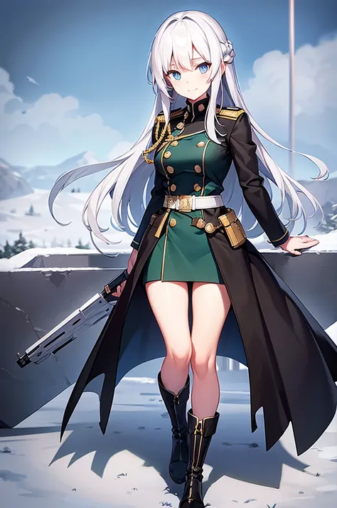 content:
an anime woman in a military uniform. she has light blue eyes, white hair that ends halfway down her back, and knee-hig...