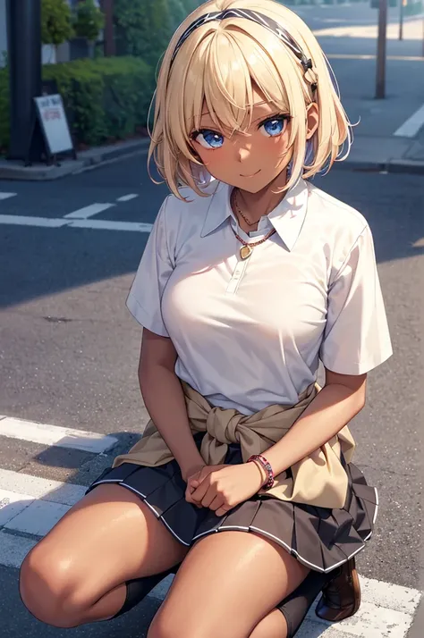 Character Focus、From above(school uniform:1.3), (Plain beige clothing around the waist:1.5), (West knot:1.3), (white collared-shirt:1.4), ((white collar, Unbutton, Short sleeve):1.2), (Red checkered pleated skirt:1.3), ((necklace, Colorful Bracelets, ×Hair...