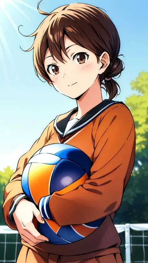 high res, masterpiece, akane yamamoto, lila hair, alone, 1girl, female, volleyball ball in her hands, outside,blue sky, woods, d...