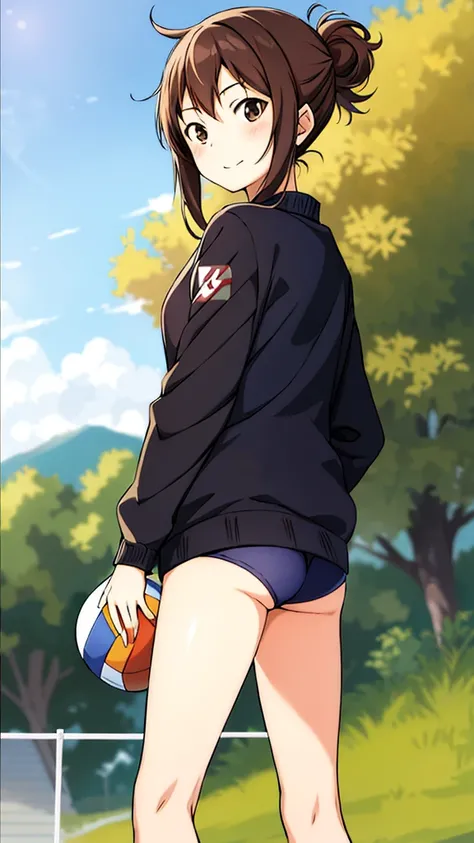 high res, masterpiece, akane yamamoto, lila hair, alone, 1girl, female, volleyball ball in her hands, outside,blue sky, woods, detailed brown eyes, wearing a black Japanese uniform 