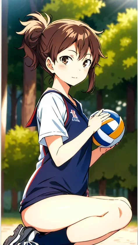 high res, masterpiece, akane yamamoto, lila hair, alone, 1girl, female, volleyball ball in her hands, outside,blue sky, woods, detailed brown eyes, wearing a black Japanese uniform 