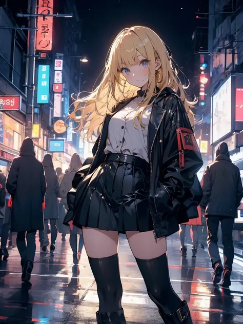 Blonde、night、Remains、art、,mini skirt,vision,Small face　bangs ,beauty,vision 、boots 、One person 、Jacket