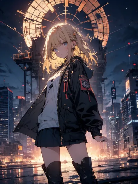 Blonde、night、Remains、art、,mini skirt,vision,Small face　bangs ,beauty,vision 、boots 、One person 、Jacket