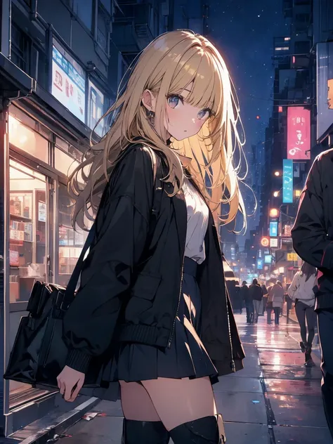 Blonde、night、Remains、art、,mini skirt,vision,Small face　bangs ,beauty,vision 、boots 、One person 、Jacket