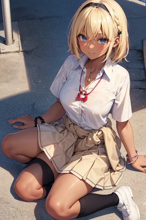 Character Focus、From above(school uniform:1.3), (Plain beige clothing around the waist:1.5), (West knot:1.3), (white collared-shirt:1.4), ((white collar, Unbutton, Short sleeve):1.2), (Red checkered pleated skirt:1.3), ((necklace, Colorful Bracelets, ×Hair...