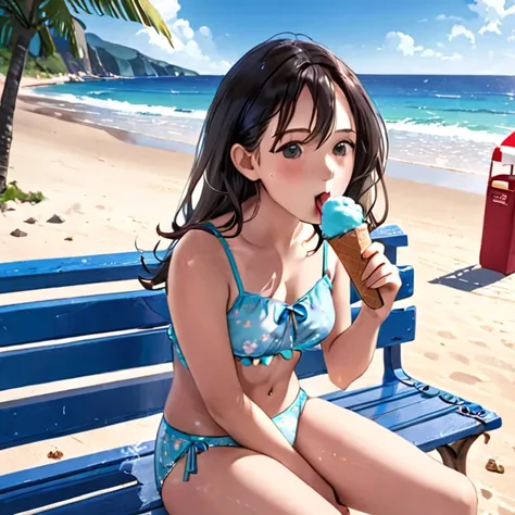 Medium shot, 1 girl, on the beach, wearing underwear, eating ice cream on a bench