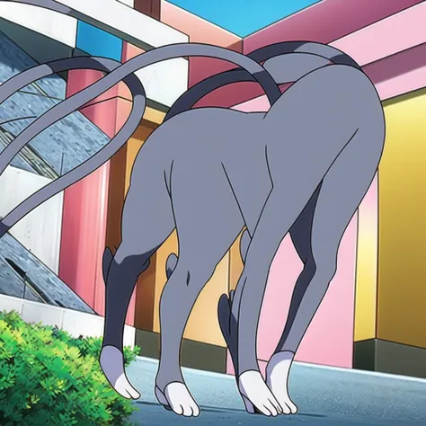 glameow, dual colored fur, grey fur, white fur, green eyes, colored sclera, yellow sclera, pink eyelid, spiraled tail, city background, walking on sidewalk, quadruped, on all fours