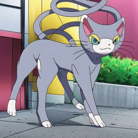 glameow, dual colored fur, grey fur, white fur, green eyes, colored sclera, yellow sclera, pink eyelid, spiraled tail, city background, walking on sidewalk, quadruped, on all fours