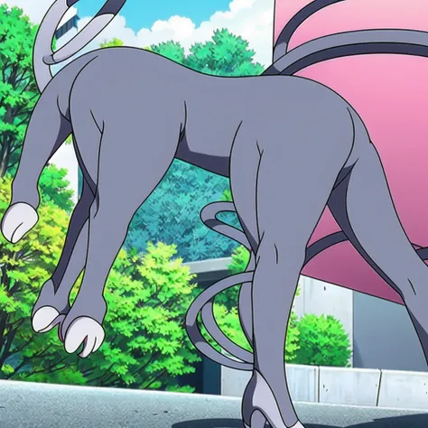 glameow, dual colored fur, grey fur, white fur, green eyes, colored sclera, yellow sclera, pink eyelid, spiraled tail, city background, walking on sidewalk, quadruped, on all fours