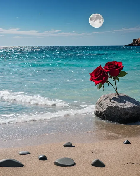 waning moon. flowers roses, stones transparent and diamond crystal in water, on the beach, fantasy, smoke , photo, hd, 8k ,