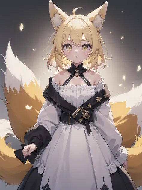 highest quality, masterpiece,1 girl,alone,yellow round eyebrows,blonde hair, big fox ears,((fox&#39;s tail)), ((very long green ...