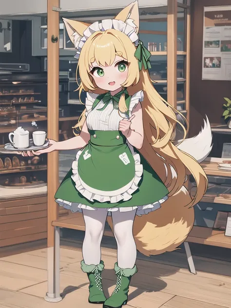 highest quality, masterpiece,1 girl,alone,yellow round eyebrows,blonde hair, big fox ears,big fox tail, ((very long green eyes))...