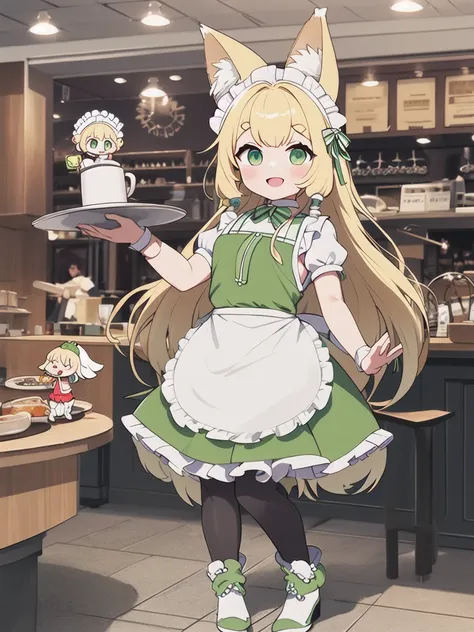 Highest quality, masterpiece,1 Girl,alone,Yellow round eyebrows,Blonde Hair, Big fox ears,Big fox tail, ((Very long green eyes)),((Green maid apron)),((White ruffle skirt)),Small breasts,indoor,Coffee shop,have_Silver round tray,Green round dish on a tray,...