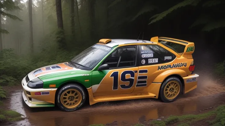 (1 car, 1997 Subaru Impreza WRC redesigned by Peter Stevens), Generate an image of a Subaru Impreza WRC tearing through a dense forest during a rally race, with mud splattering, leaves flying, and the vibrant greenery as the epic backdrop. The cars aggress...