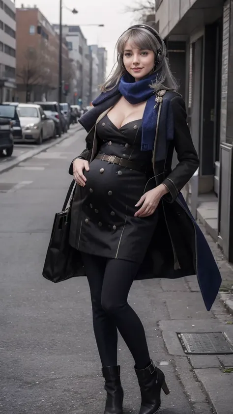 masterpiece, best quality, 1girl,  HD, 4K, REALISM, solo, Bkornblume, headphones, solo, blue scarfs, coat, pussy, opened clothing, pregnancy, pregnant, exhibitionism, black dress, black gloves, grey hair, holding gun, black coat dress, long sleeves, gloves...