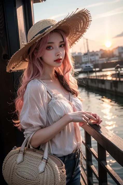 Light pink hair, Pink Eyes,  At the port, Vibrant colors, steampunk, blouse white、 Sunset behind, Ray Tracing, Wavy long hair、Straw hat