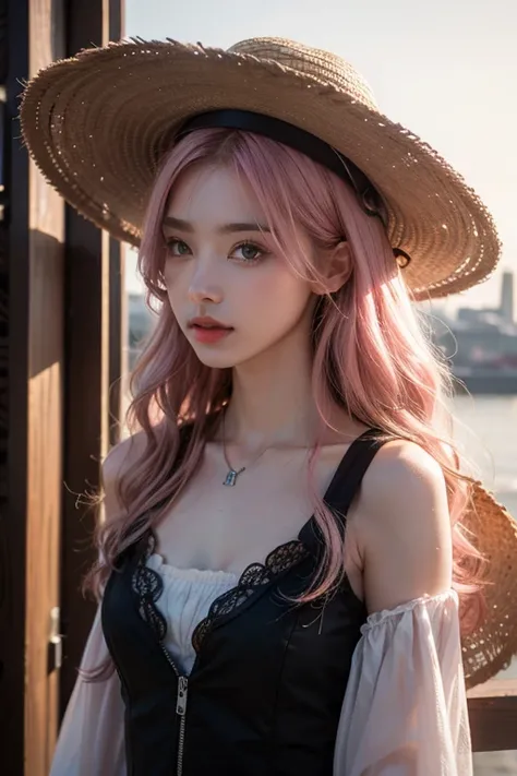 Light pink hair, Pink Eyes,  At the port, Vibrant colors, steampunk, blouse white、 Sunset behind, Ray Tracing, Wavy long hair、Straw hat