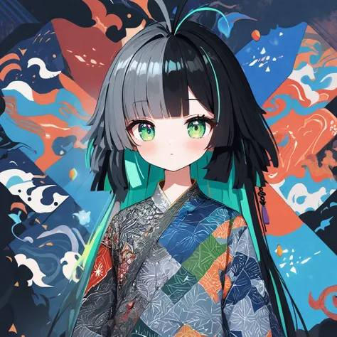 huaniao, (cute_cartoon_style of counterfeit_v3, octane-render):1.33, (monochrome color:blue-theme), detailed calligraphy art, Indian ink brush painting, aesthetic art:1.2), multi-exposure prism, strobe ripple effect, BREAK, 1girl, (detailed green eyes, jet...