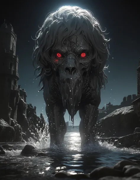 night，huge moon，Cool colors，Anatomy Drawing，Rich details，Crow with bloodshot eyes，standing water，gravel，full body portrait，Black castle background，Real light and shadow contrast，Realistic ray tracing，True light falloff，anti-aesthetic style，Poodlepunk，Snaps...