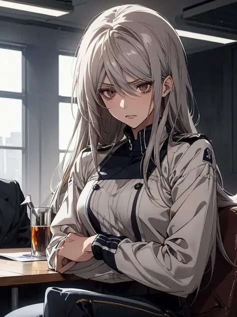 (Confused, High resolution, Very detailed), 1 female, Silver Hair,Long Hair,Reddish brown eyes,White and black pilot suit,Jacket,Navy blue skinny pants,24th generation,beauty,mature,thin,quiet,Calm,Sit on a chair in a conference room,talk,Intimidation,Unpl...