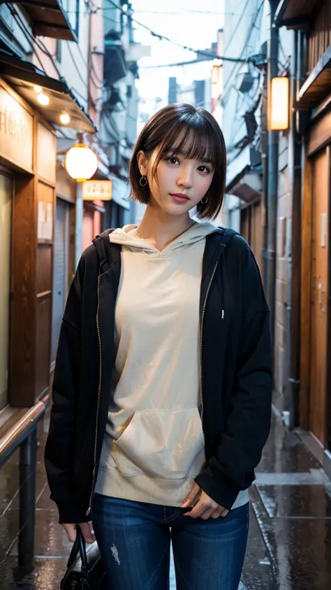 (Highest quality,masterpiece:1.3,Ultra-high resolution),(Super detailed,Caustics,8k), (Photorealistic:1.4, RAW shooting),Japanese,20-year-old,Natural brown short hair,Earrings,Natural Makeup,Red lipstick,Black hoodie,jeans,Rainy Sky,Dim Alley,Low position,...