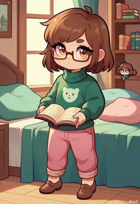 lisaloud, 1girl, solo, green sweater, pink pants, brown footwear,  glasses, standing in a bedroom, looking at viewer, brown hair, short, reading a book, chibi,, score_9, score_8_up, score_7_up,