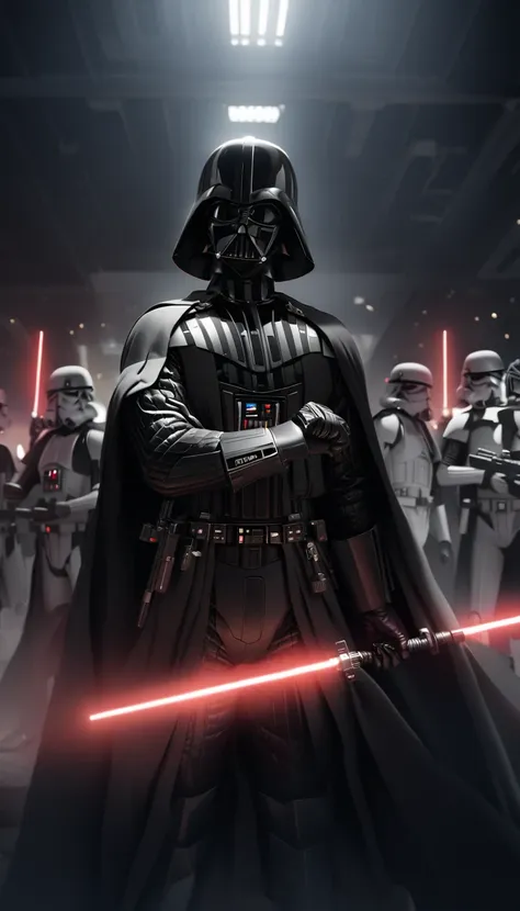 darth vader standing in front of a group of storm troopers in a room, holding lightsabe in his hands, walking across a bunch of ...