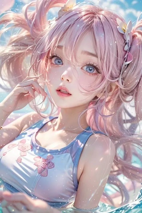 Light pink hair, Pink Eyes, Pink and white, Blue sky, Brightly colored swimsuits、Water splashes, Light Racing, Wavy long hair、Water splashes、Light of the sun、pigtails hair
