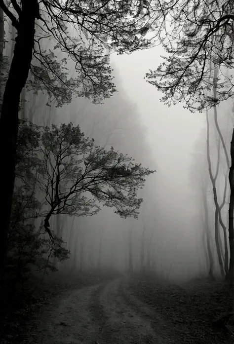 "an intriguing image of a dark path in the forest, slightly foggy. in the background, at the edge of the trees, se trouve une si...