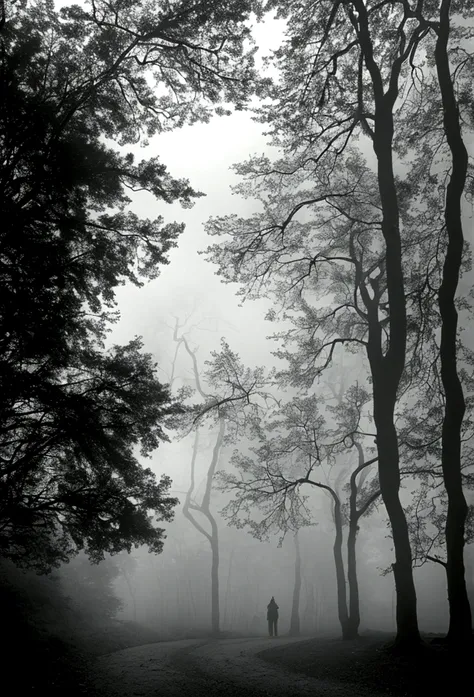 "an intriguing image of a dark path in the forest, slightly foggy. in the background, at the edge of the trees, se trouve une si...